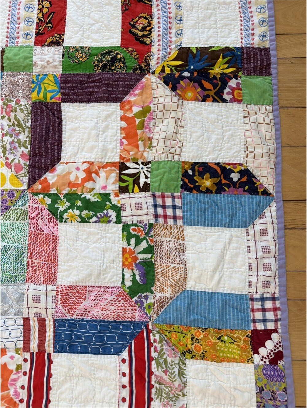 VTG 1970s Quilt Hand Stitched Squares Awesome Retro Fabrics Colorful 56x77” - Picture 3 of 15